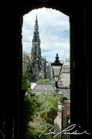 Edinburgh, Scotland: Sir Walter Scott Memorial - Viewed Through A Close (Alleyway)